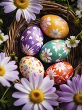 Vibrant-colored Easter eggs in a wicker basket, surrounded by delicate spring flowers, AI generated