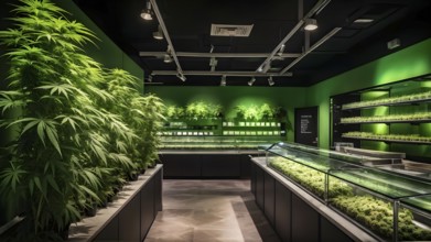 Cannabis dispensary interior with varieties of cannabis plants densely packed, AI generated