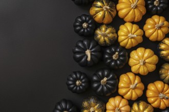 Top view of many small golden and black pumpkins with copy space. Generative Ai, AI generated