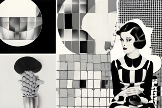 AI generated illustration of a whimsically modern and antiquated fusion collage with monochrome