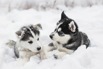 Two cute Alaskan Husky pups playing in snow, AI generated