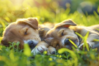 Cute young dog puppies sleeping in grass. KI generiert, generiert, AI generated