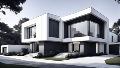 Rendering of a modern real estate residential house in clean geometric forms in black and white, AI