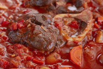 Ossobuco stew with vegetables, knuckle on the bone with new potatoes, in tomato sauce, homemade,