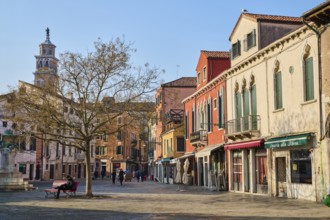 Houses on 'Campo santa margherita' town square in Venice on a sunny day in winter, Italy, Europe