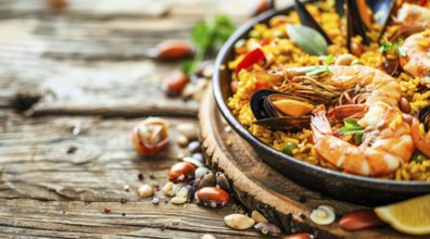 Authentic seafood paella senyoret on a wooden table., AI generated