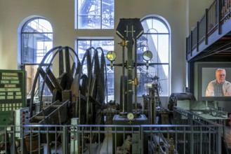 Winding engine with depth indicator to raise and lower lift cage in mine shaft at Le Bois du Cazier