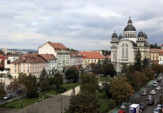 City of Targu Mures, buildings along the Piata Trandafirilor, on the elongated Rose Square, city