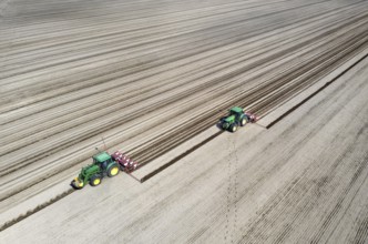 Aerial view, tractors sowing sunflower seeds, Thyrow, 21.04.2023