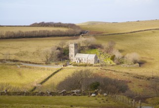 St Brendan's parish church standing alone in Exmoor national park hills, Brendon, Devon, England,