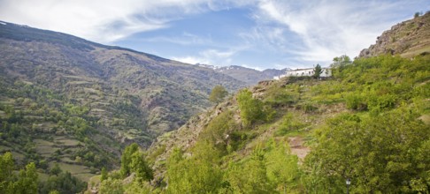 View of Poqueira gorge and Sierra Nevada mountains, High Alpujarras, Sierra Nevada, Granada