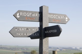 Ridgeway long distance footpath direction signs on Hackpen Hill, Wiltshire, England, UK