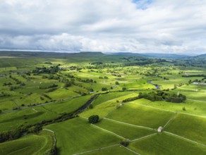 Farms and Fields over Yorkshire Dales National Park from a dron, North Yorkshire, England, United