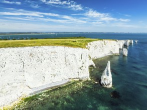 White Cliffs of Old Harry Rocks Jurassic Coast from a drone, Dorset Coast, Poole, England, United