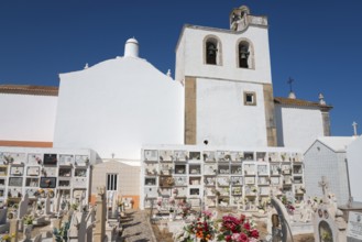 Church with cemetery in the foreground, bell tower and blue sky. Historic architecture and flower