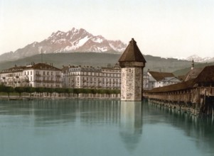 Chapel Bridge and view of Pilatus, Lucerne, Switzerland, Historic, digitally restored reproduction