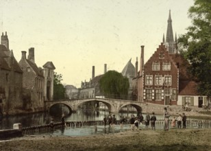 Convent Bridge and spire of Notre-Dame, Bruges, Belgium, digitally restored reproduction from a