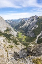 View into Falzthurntal, from the summit of Hahnkampl, in autumn, Karwendel Mountains, Alpenpark