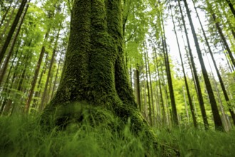 Moss-covered tree in forest meadow, Eppishausen, Unterallgäu, Bavaria, Germany, Europe