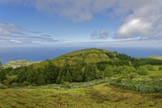 Distant view over green volcanic cones to the sea and clear sky, Caldeira das Sete Cidades, Sete