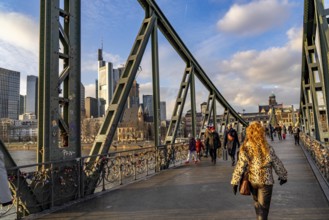 Skyline of the city centre of Frankfurt am Main, river Main, Eiserner Steg bridge, dusk, Hesse,