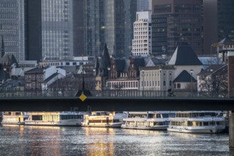 Skyline of the city centre of Frankfurt am Main, river Main, dusk, excursion boats at the Main