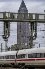 ICE train on the track in front of the main station of Frankfurt am Main, Skyline, Hesse, Germany,