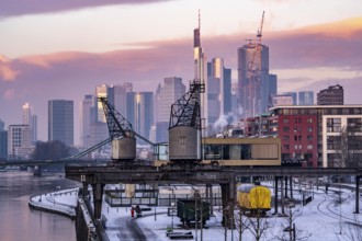 The skyline of Frankfurt am Main, skyscrapers of the banking district, historic harbour cranes at