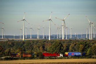 Wind farm near Bad Wünnenberg, OWL, A44 motorway, HGV traffic, North Rhine-Westphalia, Germany,