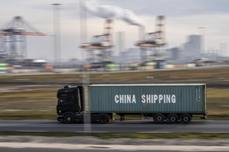 Container lorry, bringing containers to Euromax Container Terminal, the seaport of Rotterdam,