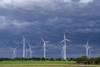 Wind farm east of Geilenkirchen, dark storm clouds, strong wind, North Rhine-Westphalia, Germany,