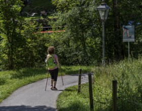 Cyclists and hikers on a circular route on Lake Tegernsee, Bavaria, Germany, Europe