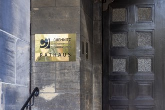 New Chemnitz City Hall, city administration. Door sign with the inscription European Capital of