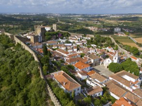 Aerial view of a historic town with red roofs, surrounded by castle walls and embedded in a green