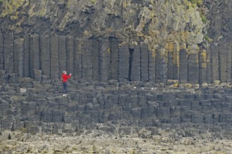 Person with red jacket standing in front of impressive basalt columns on a rocky cliff, Staffa,