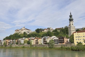 Panorama of the old town with river Salzach and castle, Burghausen, district of Altötting, Upper