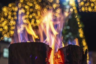 A log with glowing orange-coloured flames on it. The fire is surrounded by a blurry-coloured