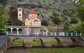 Orthodox church with bridge in mountainous landscape, Church of Mary the Fountain of Life,