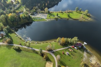 Sports facility and bathing area, lake Rottachsee, at village Petersthal, autumn, aerial view,