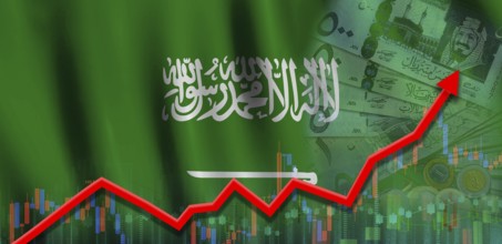 Saudi Arabia economy growth on financial graph. Saudi Arabia flag on financial growth graph