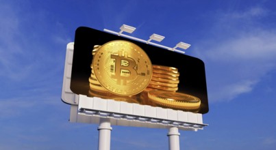 Symbolic image, Bitcoin on billboard, positive mood, questionable vision of the future, stock