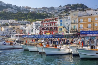 Waterfront at the Marina Grande boat harbour with excursion boats, Capri, Campanian Archipelago,