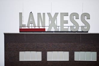 Lanxess company logo on a production facility in Leverkusen, Bergisches Land, North