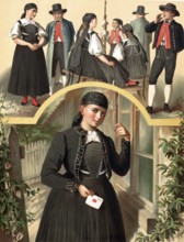 Traditional costumes in Germany around 1820, Württemberg, Schwenningen, woman in black traditional