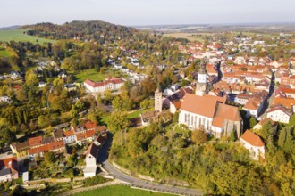 Aerial view of the city with Hutberg, Red Tower and St. Mary's Church, Kamenz, Saxony, Germany,