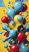 Abstract image with vibrant blue and red blobs and liquid shapes on a yellow background, AI