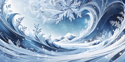 Abstract illustration of dreamy, icy landscape with swirling blues, whites, and silvers, evoking