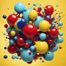 Abstract image with vibrant blue and red blobs and liquid shapes on a yellow background, AI