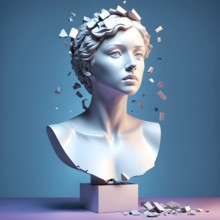 Three dimensional rendering of broken bust with illumination against colored background, AI