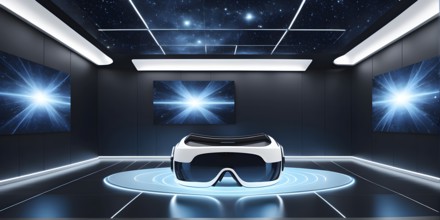 Three dimensional render of virtual reality glasses in a digital room, AI generated